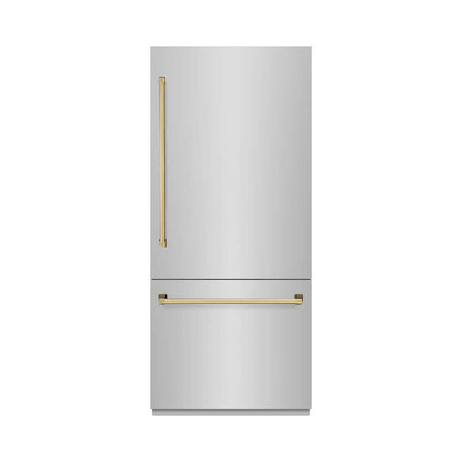 ZLINE Autograph Edition 36 in. 19.8 cu. ft. Built-In Bottom Freezer Refrigerator with Water Dispenser and Ice Maker in Stainless Steel with Polished Gold Accents (RBITZ-304-36G) front, closed.
