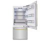 ZLINE Autograph Edition 36 in. 19.8 cu. ft. Built-In Bottom Freezer Refrigerator with Water Dispenser and Ice Maker in Stainless Steel with Polished Gold Accents (RBITZ-304-36G) front, refrigeration compartment open.