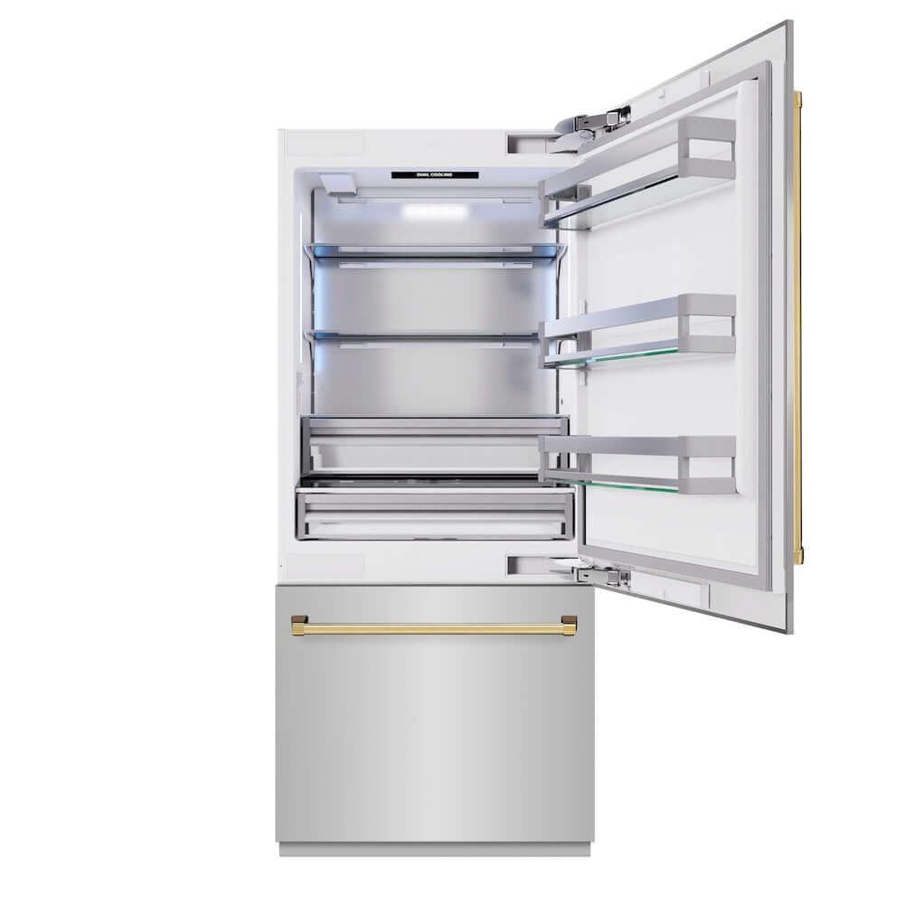 ZLINE Autograph Edition 36 in. 19.8 cu. ft. Built-In Bottom Freezer Refrigerator with Water Dispenser and Ice Maker in Stainless Steel with Polished Gold Accents (RBITZ-304-36G) front, refrigeration compartment open.