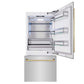 ZLINE Autograph Edition 36 in. 19.8 cu. ft. Built-In Bottom Freezer Refrigerator with Water Dispenser and Ice Maker in Stainless Steel with Polished Gold Accents (RBITZ-304-36G) front, refrigeration compartment and bottom freezer drawers open.