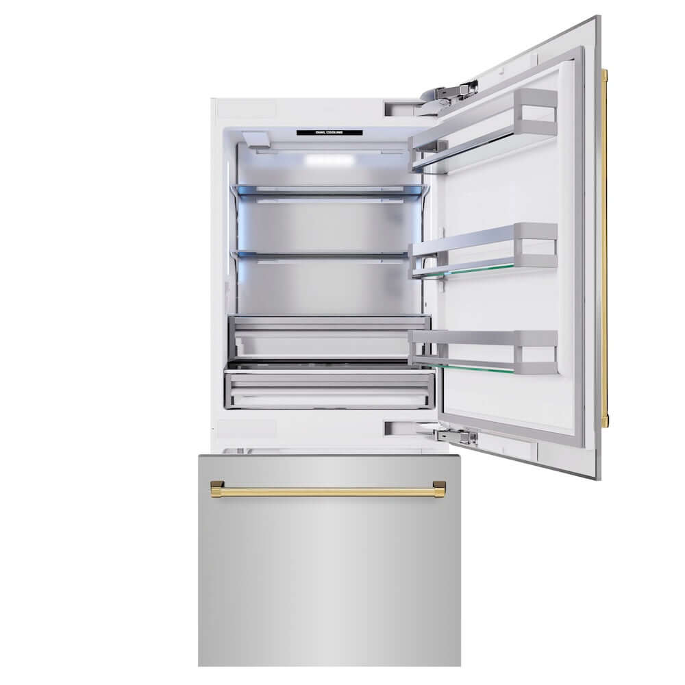 ZLINE Autograph Edition 36 in. 19.8 cu. ft. Built-In Bottom Freezer Refrigerator with Water Dispenser and Ice Maker in Stainless Steel with Polished Gold Accents (RBITZ-304-36G) front, refrigeration compartment and bottom freezer drawers open.