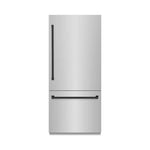 ZLINE Autograph Edition 36 in. 19.8 cu. ft. Built-In Bottom Freezer Refrigerator with Water Dispenser and Ice Maker in Stainless Steel with Matte Black Accents (RBITZ-304-36MB) front, closed.
