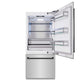 ZLINE Autograph Edition 36 in. 19.8 cu. ft. Built-In Bottom Freezer Refrigerator with Water Dispenser and Ice Maker in Stainless Steel with Matte Black Accents (RBITZ-304-36MB) front, refrigeration compartment open.