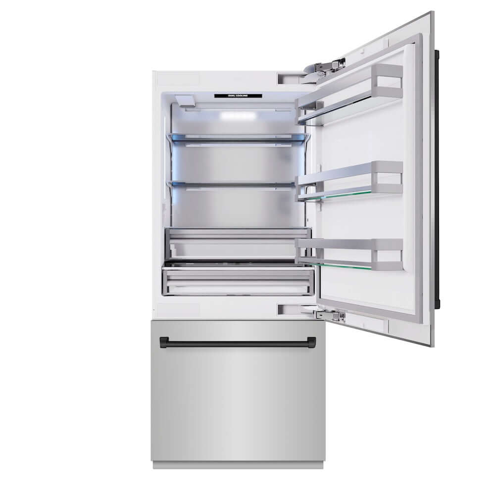 ZLINE Autograph Edition 36 in. 19.8 cu. ft. Built-In Bottom Freezer Refrigerator with Water Dispenser and Ice Maker in Stainless Steel with Matte Black Accents (RBITZ-304-36MB) front, refrigeration compartment open.
