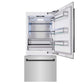 ZLINE Autograph Edition 36 in. 19.8 cu. ft. Built-In Bottom Freezer Refrigerator with Water Dispenser and Ice Maker in Stainless Steel with Matte Black Accents (RBITZ-304-36MB) front, refrigeration compartment and bottom freezer drawers open.