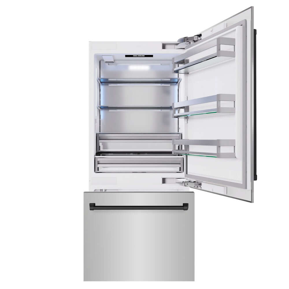 ZLINE Autograph Edition 36 in. 19.8 cu. ft. Built-In Bottom Freezer Refrigerator with Water Dispenser and Ice Maker in Stainless Steel with Matte Black Accents (RBITZ-304-36MB) front, refrigeration compartment and bottom freezer drawers open.