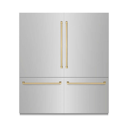 ZLINE Autograph Edition 72 in. 39.6 cu. ft. French Door Built-In Bottom Freezer Refrigerator with Water Dispensers and Ice Makers in Stainless Steel with Champagne Bronze Accents (RBITZ-304-72CB) front, closed.