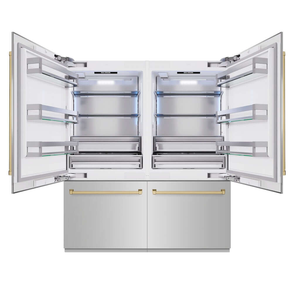 ZLINE Autograph Edition 72 in. 39.6 cu. ft. French Door Built-In Bottom Freezer Refrigerator with Water Dispensers and Ice Makers in Stainless Steel with Champagne Bronze Accents (RBITZ-304-72CB) front, refrigeration compartment open.