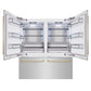 ZLINE Autograph Edition 72 in. 39.6 cu. ft. French Door Built-In Bottom Freezer Refrigerator with Water Dispensers and Ice Makers in Stainless Steel with Champagne Bronze Accents (RBITZ-304-72CB) front, refrigeration compartment and bottom freezer drawers open.
