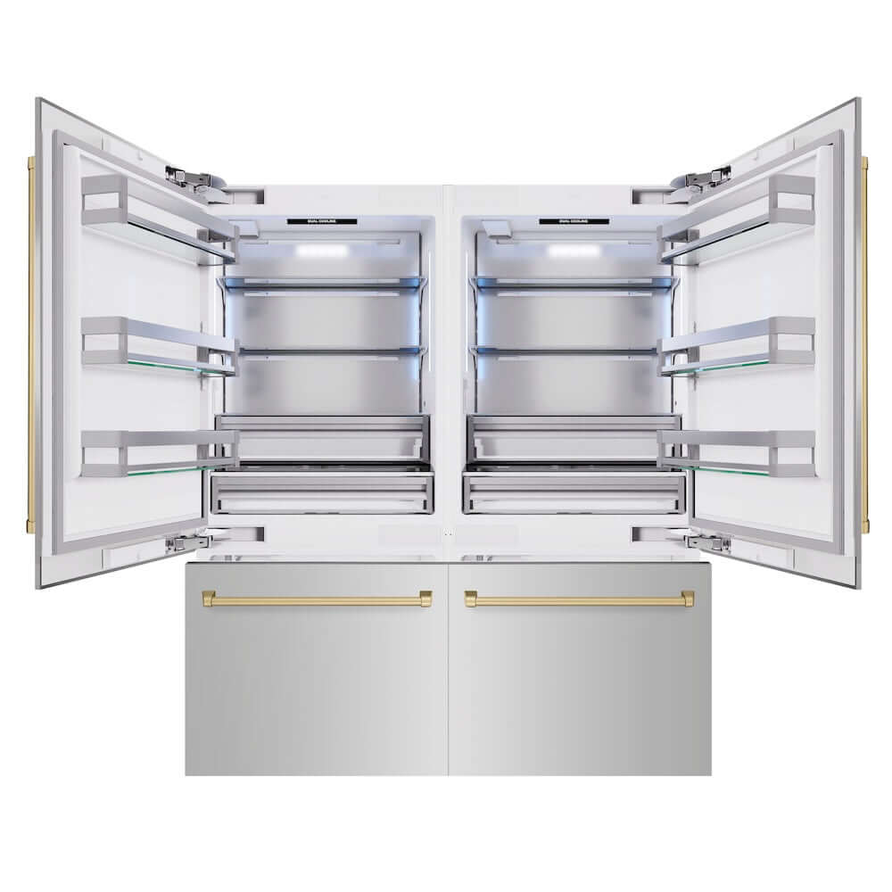 ZLINE Autograph Edition 72 in. 39.6 cu. ft. French Door Built-In Bottom Freezer Refrigerator with Water Dispensers and Ice Makers in Stainless Steel with Champagne Bronze Accents (RBITZ-304-72CB) front, refrigeration compartment and bottom freezer drawers open.