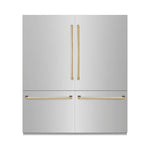 ZLINE Autograph Edition 72 in. 39.6 cu. ft. French Door Built-In Bottom Freezer Refrigerator with Water Dispensers and Ice Makers in Stainless Steel with Polished Gold Accents (RBITZ-304-72G) front, closed.