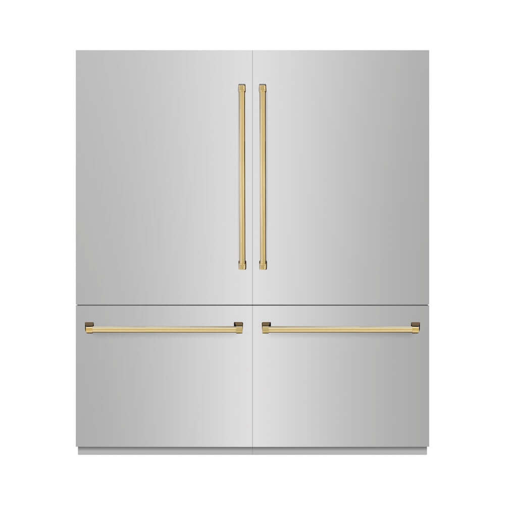 ZLINE Autograph Edition 72 in. 39.6 cu. ft. French Door Built-In Bottom Freezer Refrigerator with Water Dispensers and Ice Makers in Stainless Steel with Polished Gold Accents (RBITZ-304-72G) front, closed.