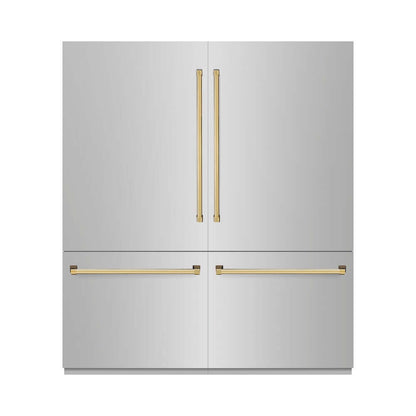 ZLINE Autograph Edition 72 in. 39.6 cu. ft. French Door Built-In Bottom Freezer Refrigerator with Water Dispensers and Ice Makers in Stainless Steel with Polished Gold Accents (RBITZ-304-72G) front, closed.