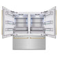 ZLINE Autograph Edition 72 in. 39.6 cu. ft. French Door Built-In Bottom Freezer Refrigerator with Water Dispensers and Ice Makers in Stainless Steel with Polished Gold Accents (RBITZ-304-72G) front, refrigeration compartment open.