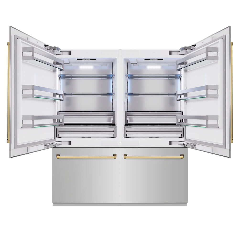 ZLINE Autograph Edition 72 in. 39.6 cu. ft. French Door Built-In Bottom Freezer Refrigerator with Water Dispensers and Ice Makers in Stainless Steel with Polished Gold Accents (RBITZ-304-72G) front, refrigeration compartment open.