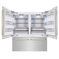 ZLINE Autograph Edition 72 in. 39.6 cu. ft. French Door Built-In Bottom Freezer Refrigerator with Water Dispensers and Ice Makers in Stainless Steel with Polished Gold Accents (RBITZ-304-72G) front, refrigeration compartment and bottom freezer drawers open.