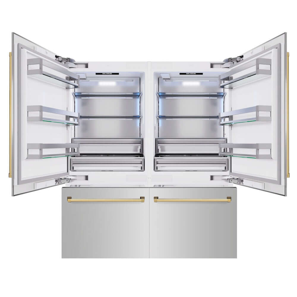 ZLINE Autograph Edition 72 in. 39.6 cu. ft. French Door Built-In Bottom Freezer Refrigerator with Water Dispensers and Ice Makers in Stainless Steel with Polished Gold Accents (RBITZ-304-72G) front, refrigeration compartment and bottom freezer drawers open.