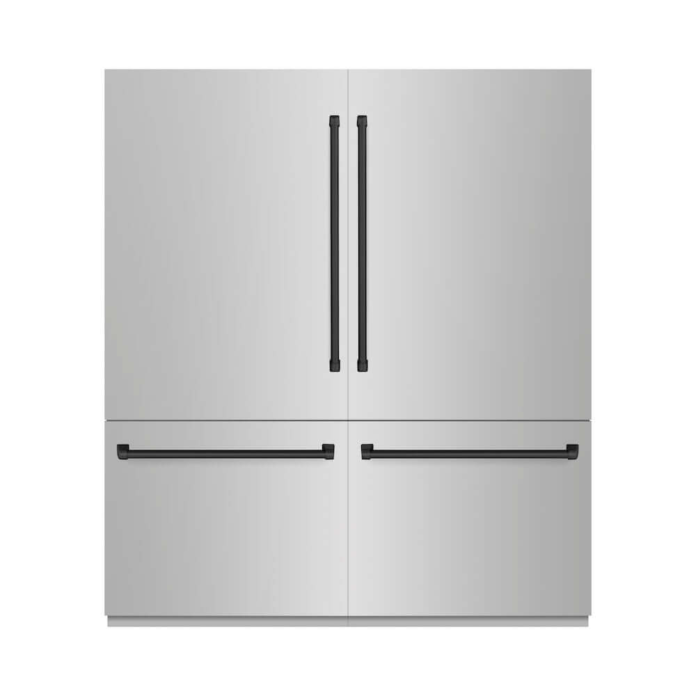 ZLINE Autograph Edition 72 in. 39.6 cu. ft. French Door Built-In Bottom Freezer Refrigerator with Water Dispensers and Ice Makers in Stainless Steel with Matte Black Accents (RBITZ-304-72MB) front, closed.