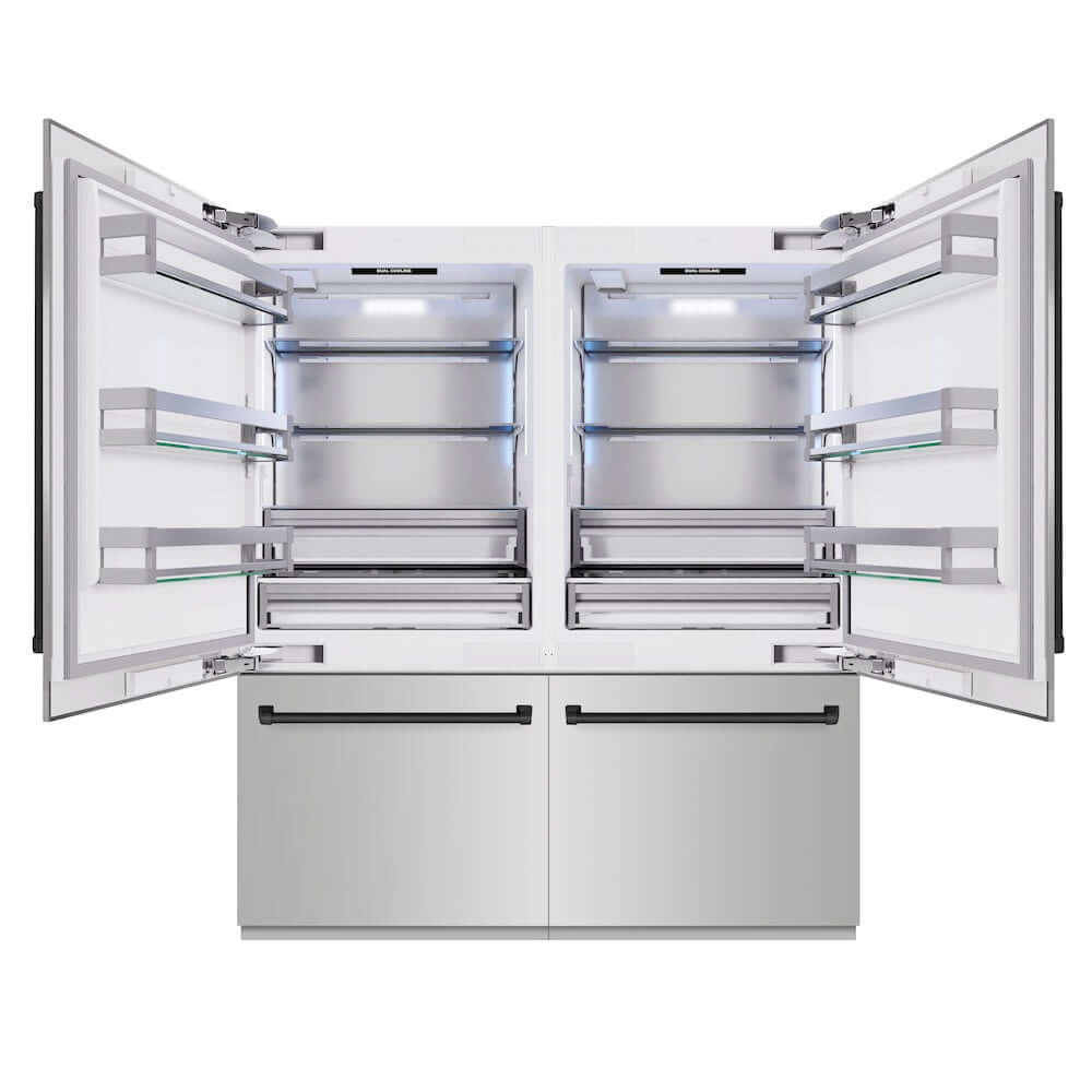 ZLINE Autograph Edition 72 in. 39.6 cu. ft. French Door Built-In Bottom Freezer Refrigerator with Water Dispensers and Ice Makers in Stainless Steel with Matte Black Accents (RBITZ-304-72MB) front, refrigeration compartment open.