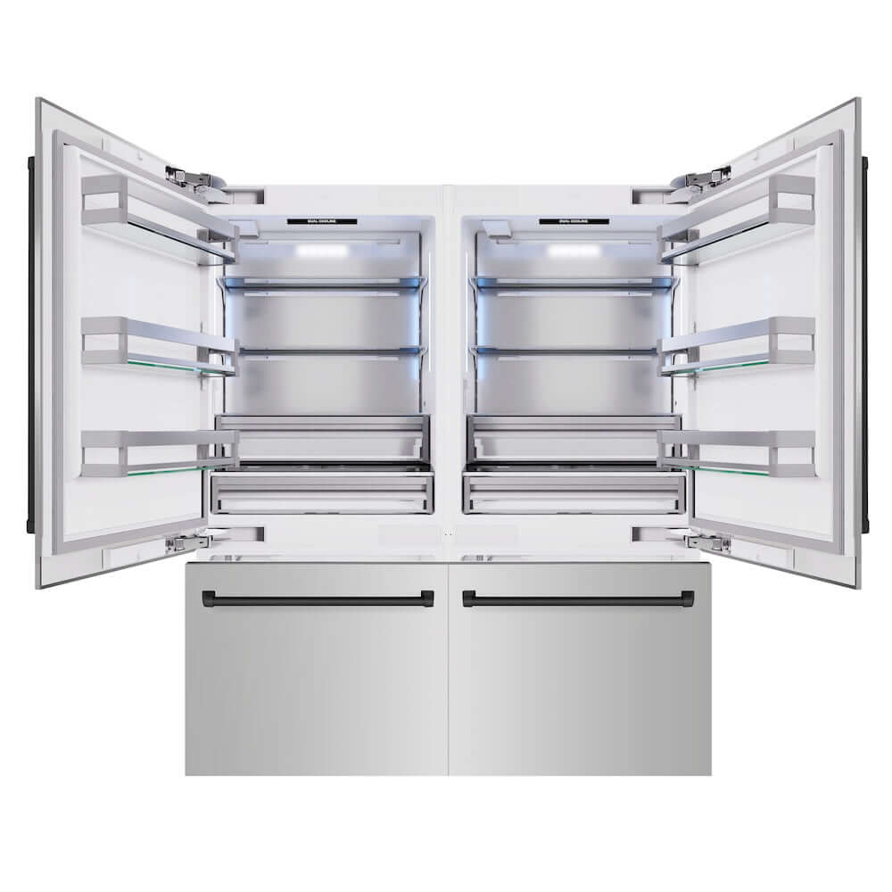 ZLINE Autograph Edition 72 in. 39.6 cu. ft. French Door Built-In Bottom Freezer Refrigerator with Water Dispensers and Ice Makers in Stainless Steel with Matte Black Accents (RBITZ-304-72MB) front, refrigeration compartment and bottom freezer drawers open.