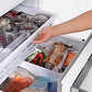 ZLINE 30 in. 16.1 cu. ft. Built-In Bottom Freezer Refrigerator with Water Dispenser and Ice Maker in Stainless Steel (RBIV-304-30) close-up detail, accessing food inside bottom freezer.