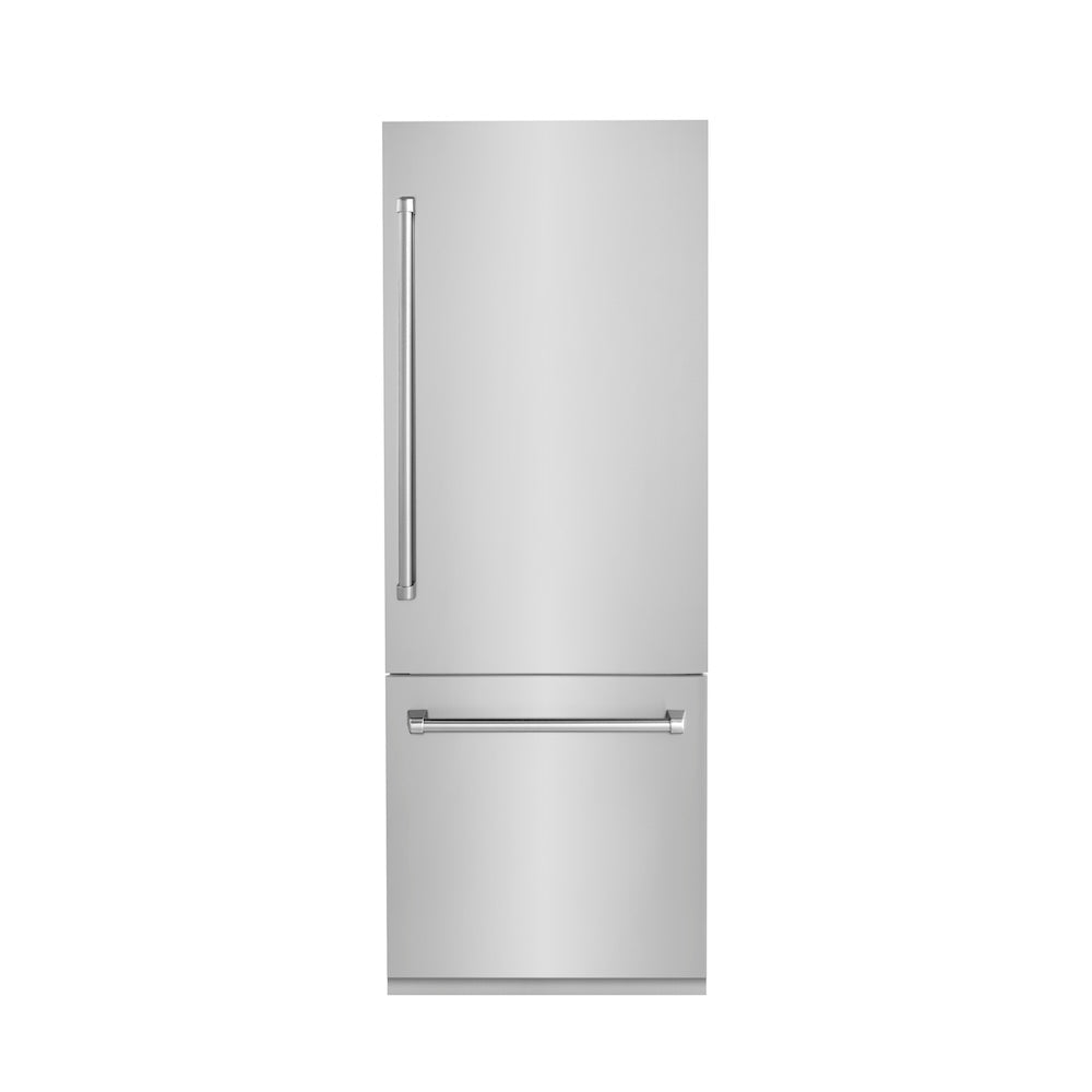 ZLINE 30 in. 16.1 cu. ft. Built-In 2-Door Bottom Freezer Refrigerator with Internal Water and Ice Dispenser in Stainless Steel (RBIV-304-30) front, closed.