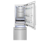 ZLINE 30 in. 16.1 cu. ft. Built-In Bottom Freezer Refrigerator with Water Dispenser and Ice Maker in Stainless Steel (RBIV-304-30) front, refrigeration compartment and bottom freezer open with lights on.