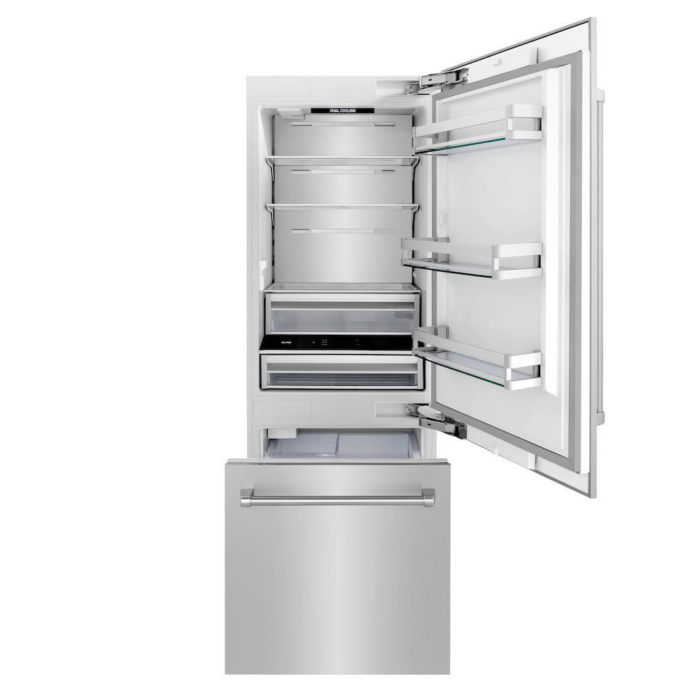 ZLINE 30 in. 16.1 cu. ft. Built-In Bottom Freezer Refrigerator with Water Dispenser and Ice Maker in Stainless Steel (RBIV-304-30) front, open, empty.