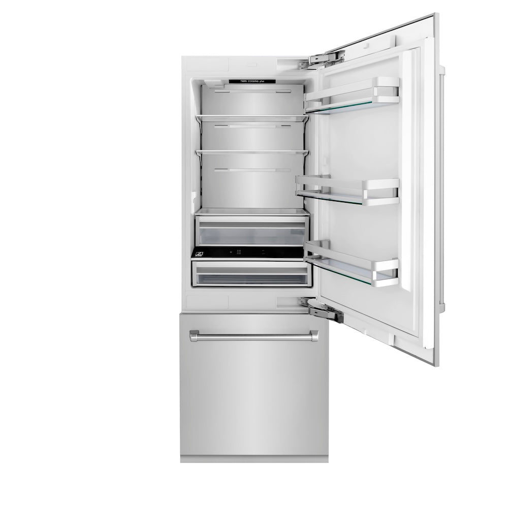 ZLINE 30 in. 16.1 cu. ft. Built-In 2-Door Bottom Freezer Refrigerator with Internal Water and Ice Dispenser in Stainless Steel (RBIV-304-30) front, open.