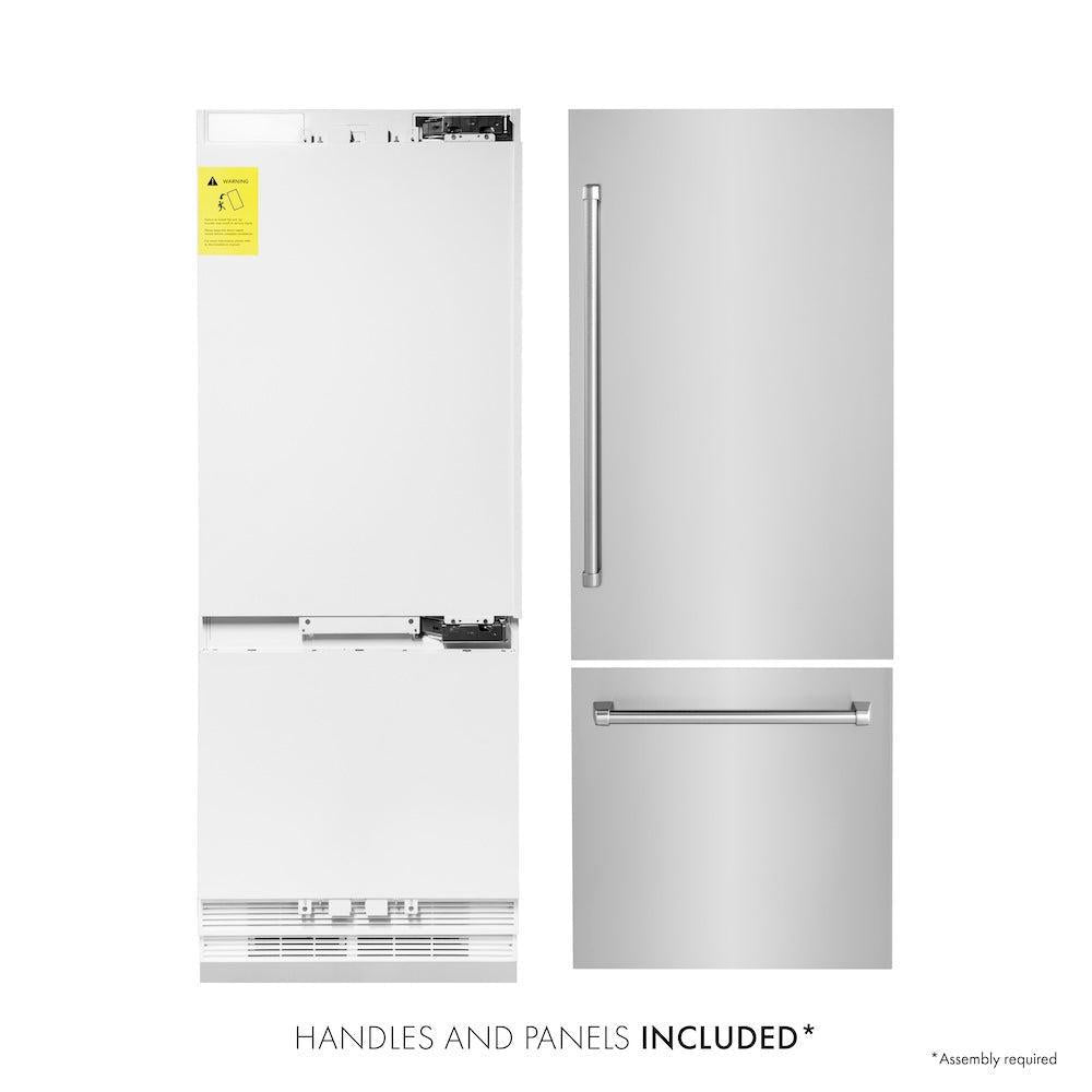 ZLINE 30 in. 16.1 cu. ft. Built-In Bottom Freezer Refrigerator with Water Dispenser and Ice Maker in Stainless Steel (RBIV-304-30) front, refrigeration unit next to panels and handles. Text: Handles and panels included.