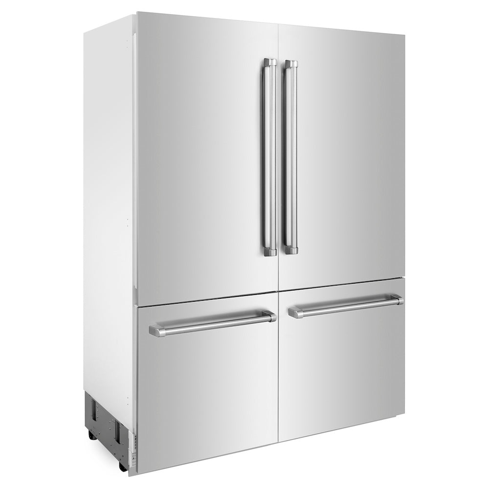 ZLINE 60 in. 32.2 cu. ft. Built-In 4-Door French Door Refrigerator with Internal Water and Ice Dispenser in Stainless Steel (RBIV-304-60) side, closed.