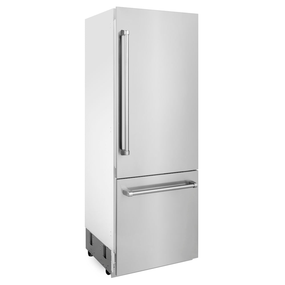 ZLINE 30 in. 16.1 cu. ft. Built-In Bottom Freezer Refrigerator with Water Dispenser and Ice Maker in Stainless Steel (RBIV-304-30) side, closed.