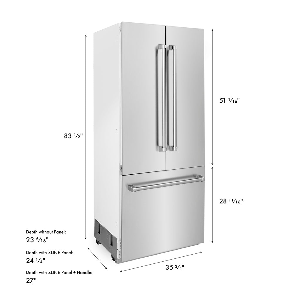 ZLINE 36 in. 19.6 cu. ft. French Door Built-In Bottom Freezer Refrigerator with Water Dispenser and Ice Maker in Stainless Steel (RBIV-304-36) dimensional diagram.
