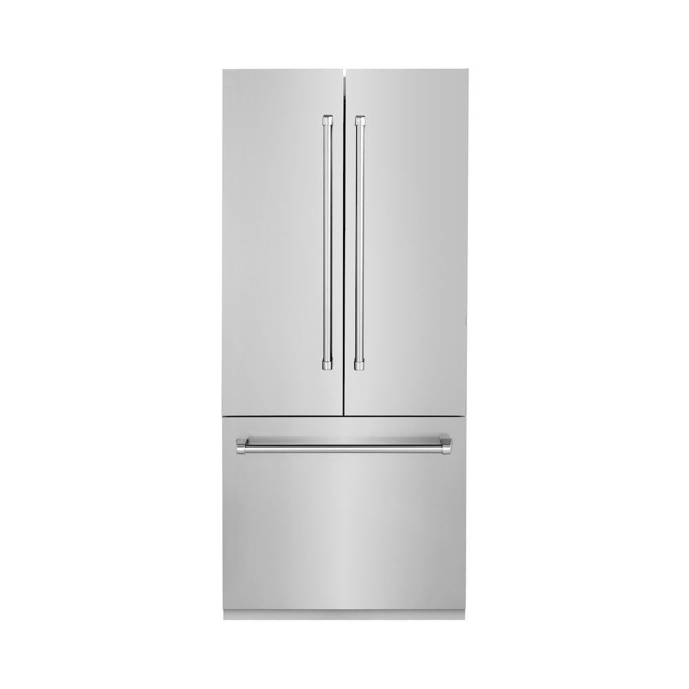 ZLINE 36 in. 19.6 cu. ft. French Door Built-In Bottom Freezer Refrigerator with Water Dispenser and Ice Maker in Stainless Steel (RBIV-304-36) front, closed.