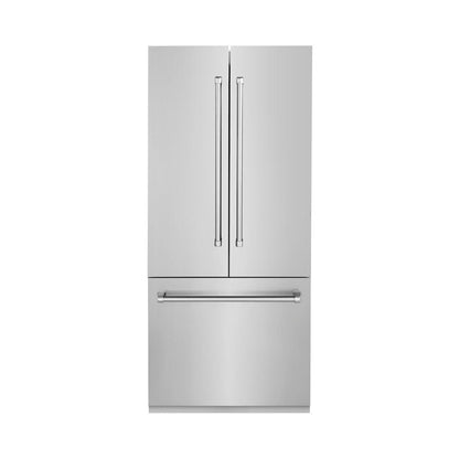 ZLINE 36 in. 19.6 cu. ft. French Door Built-In Bottom Freezer Refrigerator with Water Dispenser and Ice Maker in Stainless Steel (RBIV-304-36) front, closed.