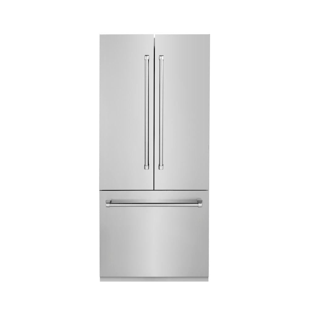 ZLINE 36 in. 19.6 cu. ft. French Door Built-In Bottom Freezer Refrigerator with Water Dispenser and Ice Maker in Stainless Steel (RBIV-304-36) front, closed.