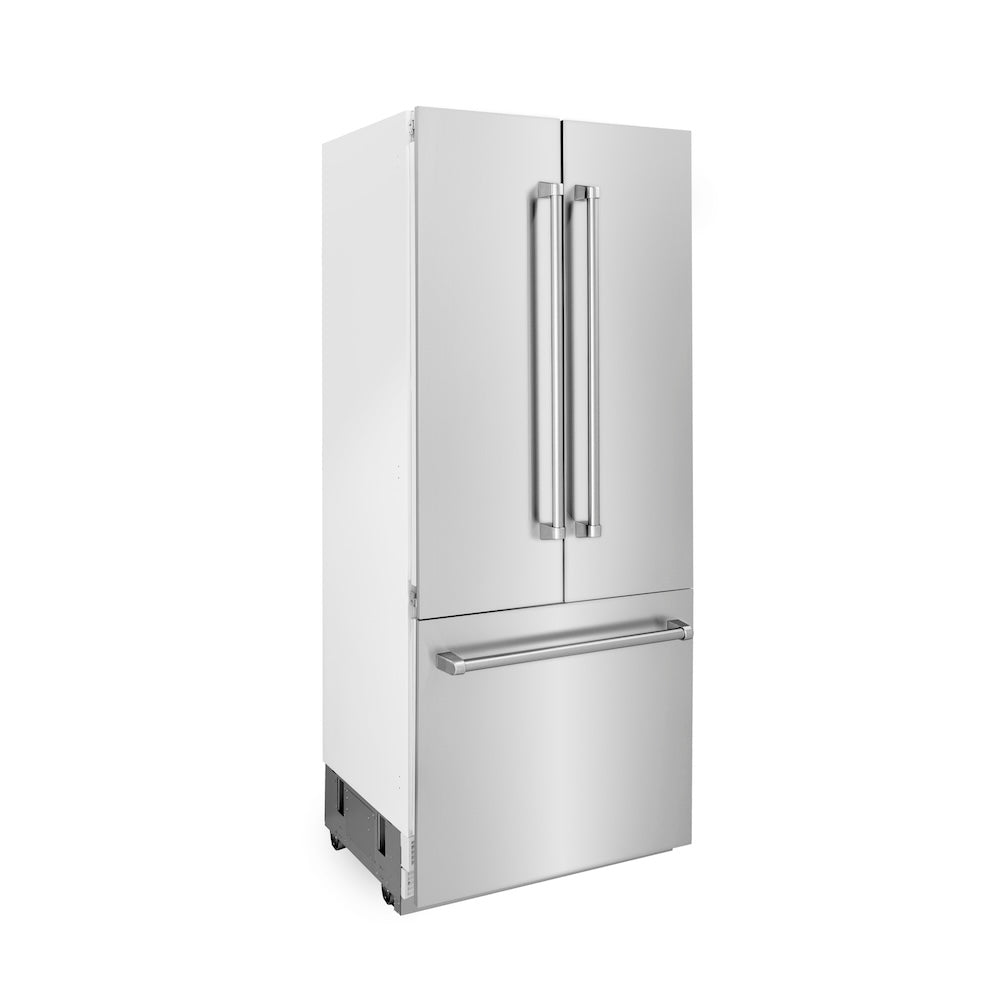 ZLINE 36 in. 19.6 cu. ft. French Door Built-In Bottom Freezer Refrigerator with Water Dispenser and Ice Maker in Stainless Steel (RBIV-304-36) side, closed.