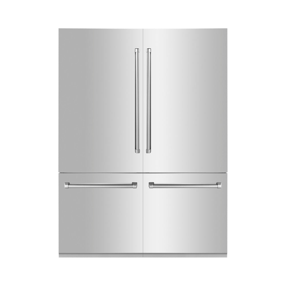 ZLINE 60 in. Built-In Refrigerator next to Stainless Steel Panels, front, doors closed.