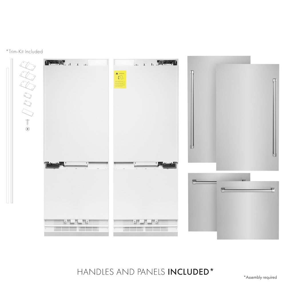 ZLINE 60 in. Built-In Panel Ready Refrigerator next to Stainless Steel Panels, front, doors closed.