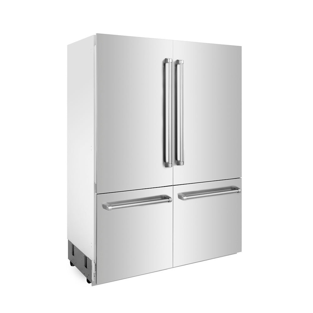 ZLINE 60 in. 32.2 cu. ft. French Door Built-In Bottom Freezer Refrigerator with Water Dispensers and Ice Makers in Stainless Steel (RBIV-304-60) side, closed.