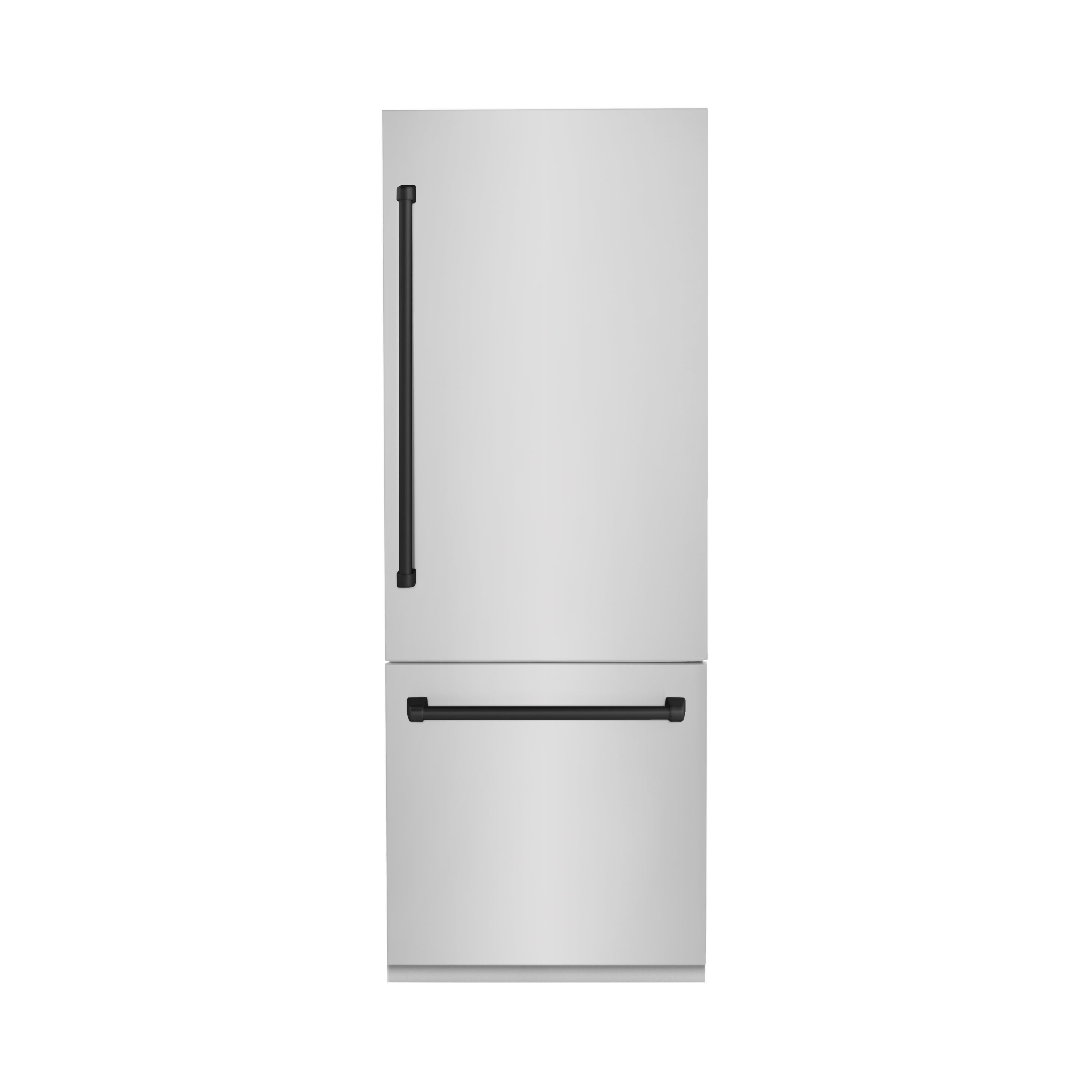 ZLINE Autograph Edition 30 in. Built-In Refrigerator with Stainless Steel Panels and Matte Black Accents, front, door closed.