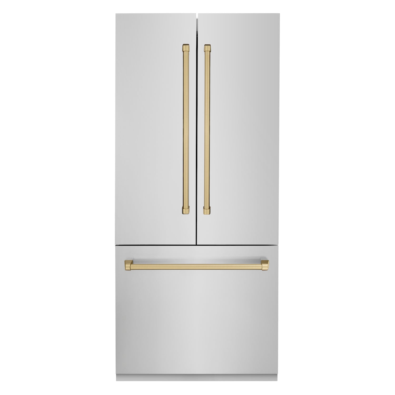 ZLINE Autograph Edition 36 in. 19.6 cu. ft. Built-in 2-Door Bottom Freezer Refrigerator with Internal Water and Ice Dispenser in Stainless Steel with Champagne Bronze Accents (RBIVZ-304-36-CB) front, closed.