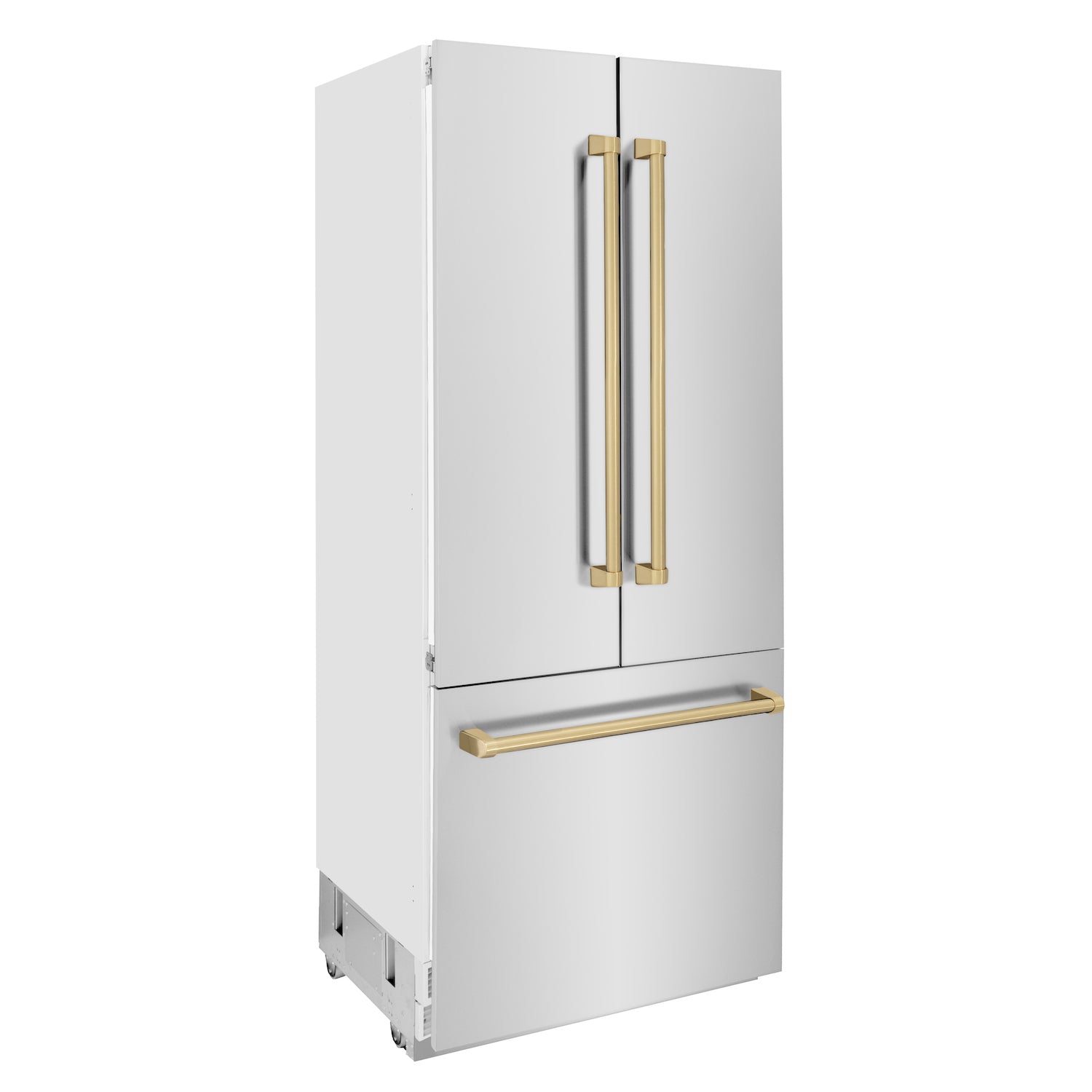 ZLINE Autograph Edition 36 in. 19.6 cu. ft. Built-in 2-Door Bottom Freezer Refrigerator with Internal Water and Ice Dispenser in Stainless Steel with Champagne Bronze Accents (RBIVZ-304-36-CB) side, closed.