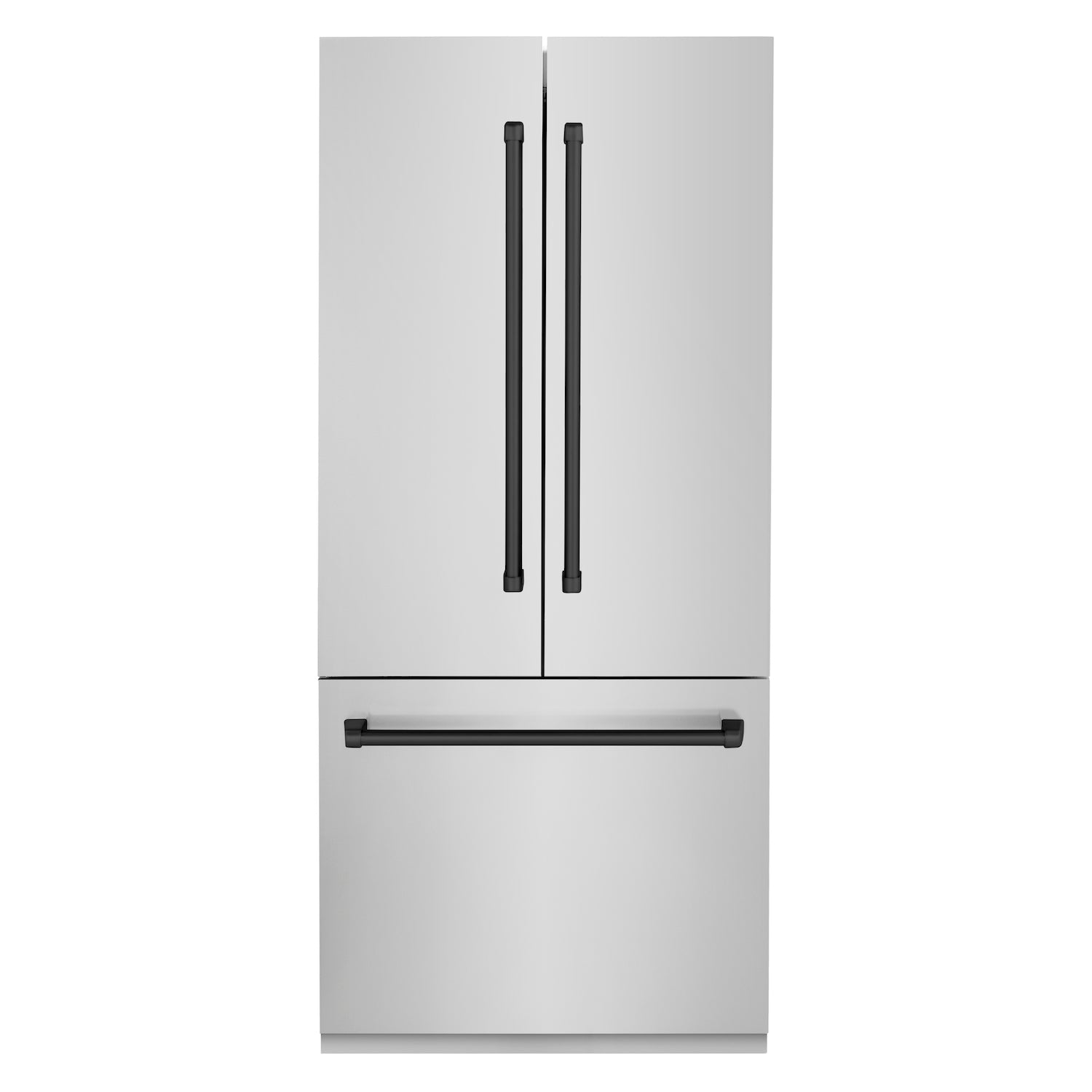 ZLINE Autograph Edition 36 in. 19.6 cu. ft. Built-in 2-Door Bottom Freezer Refrigerator with Internal Water and Ice Dispenser in Stainless Steel with Matte Black Accents (RBIVZ-304-36-MB) front, closed.