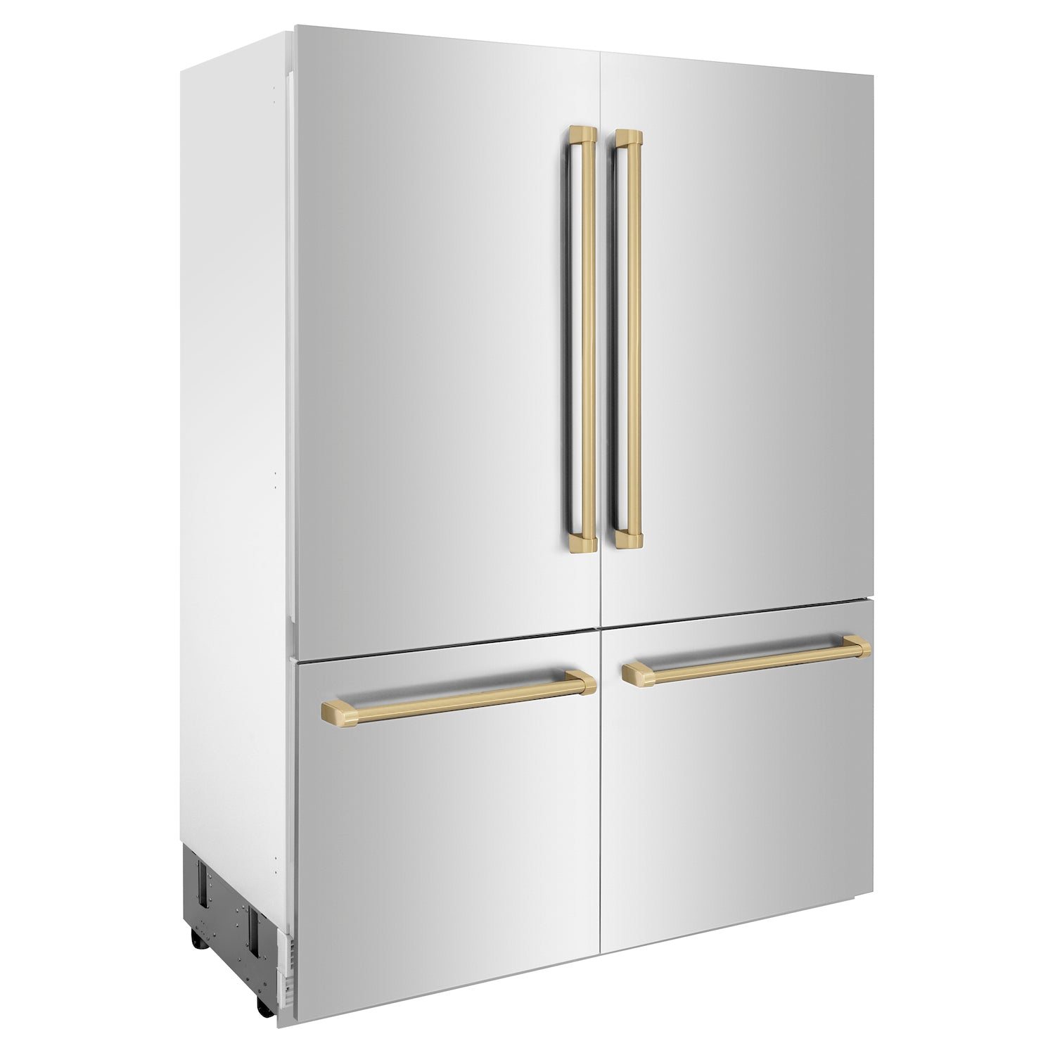 ZLINE Autograph Edition 60 in. 32.2 cu. ft. Built-in 4-Door French Door Refrigerator with Internal Water and Ice Dispenser in Stainless Steel with Champagne Bronze Accents (RBIVZ-304-60-CB) side, closed.