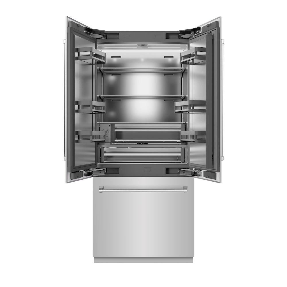 ZLINE 36 in. 19.6 cu. ft. French Door Built-In Bottom Freezer Refrigerator with Water Dispenser and Ice Maker in Stainless Steel with Stainless Steel Interior (SRBIV-304-36) front, refrigeration compartment open.