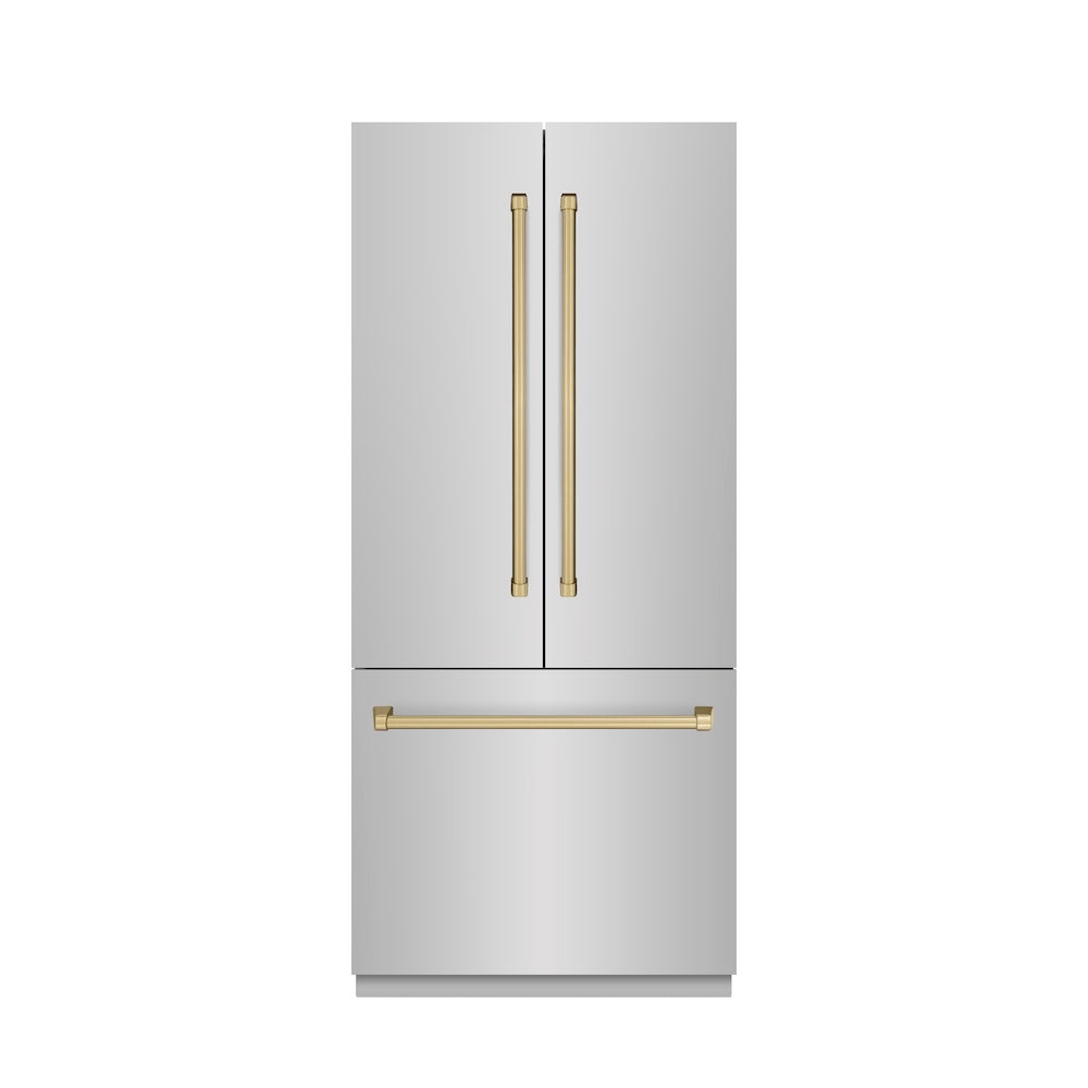 ZLINE Autograph Edition 36 in. 19.6 cu. ft. French Door Built-In Bottom Freezer Refrigerator with Water Dispenser and Ice Maker in Stainless Steel with Stainless Steel Interior and Champagne Bronze Accents (SRBIVZ-304-36CB) main image.