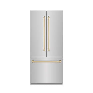 ZLINE Autograph Edition 36 in. 19.6 cu. ft. French Door Built-In Bottom Freezer Refrigerator with Water Dispenser and Ice Maker in Stainless Steel with Stainless Steel Interior and Champagne Bronze Accents (SRBIVZ-304-36CB) main image.