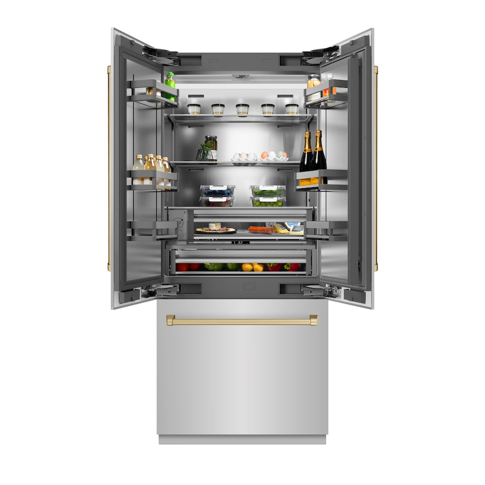 ZLINE Autograph Edition 36 in. 19.6 cu. ft. French Door Built-In Bottom Freezer Refrigerator with Water Dispenser and Ice Maker in Stainless Steel with Stainless Steel Interior and Champagne Bronze Accents (SRBIVZ-304-36CB) front, refrigeration compartment open with food inside.