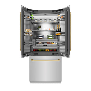ZLINE Autograph Edition 36 in. 19.6 cu. ft. French Door Built-In Bottom Freezer Refrigerator with Water Dispenser and Ice Maker in Stainless Steel with Stainless Steel Interior and Champagne Bronze Accents (SRBIVZ-304-36CB) front, refrigeration compartment open with food inside.